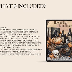 Pu&ograve; includere: Un'illustrazione digitale di una copertina di libro con il titolo "Come usare la magia oscura durante Samhain". La copertina presenta uno sfondo scuro con un teschio, un corvo e varie erbe e pozioni.