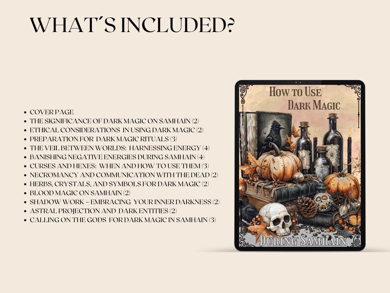 Pu&ograve; includere: Un'illustrazione digitale di una copertina di libro con il titolo "Come usare la magia oscura durante Samhain". La copertina presenta uno sfondo scuro con un teschio, un corvo e varie erbe e pozioni.