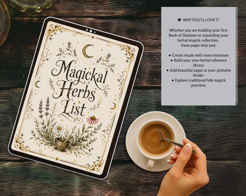 May include: A digital tablet displays "Magickal Herbs List" with botanical illustrations and a mortar and pestle. The tablet is on a dark wood surface, next to a cup of coffee. Text on the side says "Why You'll Love It".