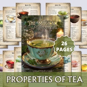 Könnte beinhalten: Ein Bild eines Ratgebers mit dem Titel "Die magischen Eigenschaften von Tee: Ein Leitfaden für Ritualhexen." Das Cover zeigt eine Teetasse mit Dampf, umgeben von Seiten, die verschiedene Teesorten beschreiben. Der Text "26 Seiten" ist enthalten.