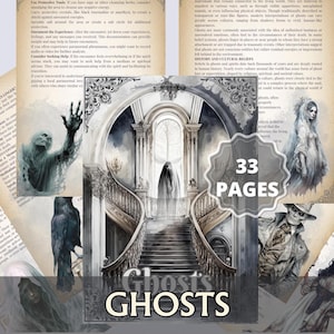 Op de afbeelding: Een verzameling pagina's in vintage-stijl met illustraties van geesten en gerelateerde thema's. De centrale afbeelding toont een grote trap met een spookfiguur. De teksten "Ghosts" en "33 Pages" zijn zichtbaar.