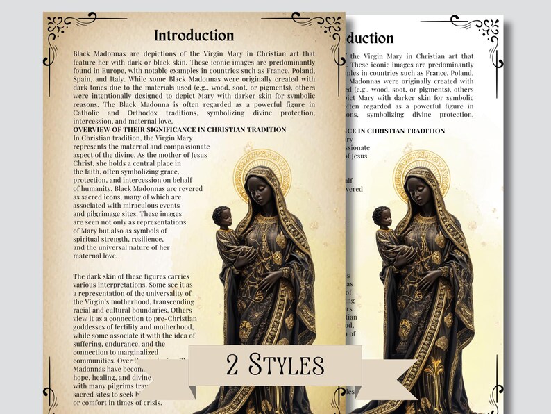 Pode incluir: Duas representa&ccedil;&otilde;es da Virgem Maria, conhecidas como Madonas Negras, s&atilde;o mostradas. Ambas as figuras t&ecirc;m a pele escura e usam t&uacute;nicas douradas e pretas ornamentadas. O texto "2 Styles" &eacute; vis&iacute;vel na parte inferior da imagem.