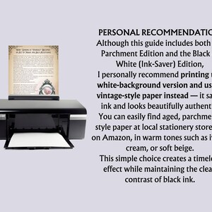 May include: A black inkjet printer with a white sheet of paper in the output tray. A printed document is displayed on top of the printer. The document has text and decorative elements. The text on the document is partially visible.