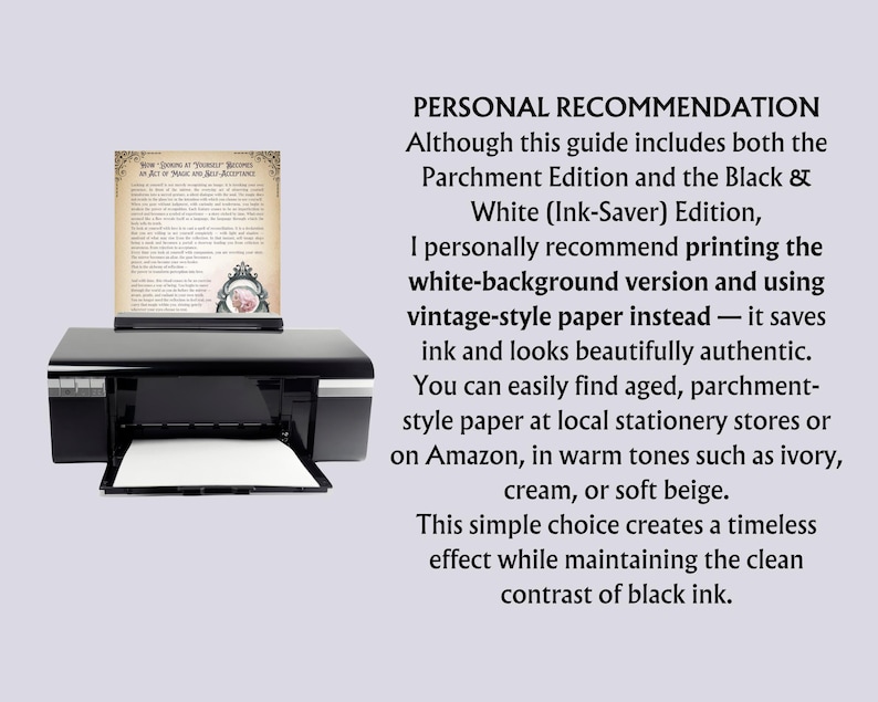 May include: A black inkjet printer with a white sheet of paper in the output tray. A printed document is displayed on top of the printer. The document has text and decorative elements. The text on the document is partially visible.