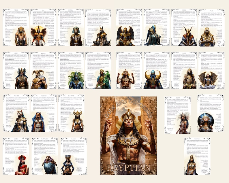 May include: A set of 20 illustrated cards featuring Egyptian gods and goddesses. Each card has a detailed illustration of a deity, along with their name and a brief description of their role in Egyptian mythology. The cards are printed on high-quality cardstock and are perfect for use in games, storytelling, or as decorative pieces.