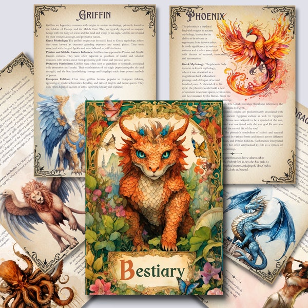 BESTIARIO. Criaturas míticas: hermosas páginas para tu Grimorio o Libro de las Sombras. Imprimible. 84 páginas