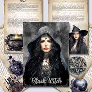 May include: A black witch illustration with a pentagram, cauldron, and potion bottle. The witch is wearing a black hooded cloak and a crown. The text "Black Witch" is written in white letters on a black background.
