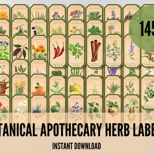 Pode incluir: Uma coleção de mais de 145 etiquetas de ervas de botica botânica com ilustrações de várias ervas e plantas. As etiquetas são projetadas em um estilo vintage com uma borda verde e um fundo creme. O texto "BOTANICAL APOTHECARY HERB LABELS" é exibido na parte inferior da imagem.