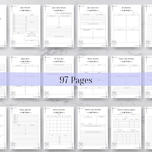 Op de afbeelding: Een set van 97 printbare plannerpagina's met een hemels thema. De pagina's bevatten een verscheidenheid aan lay-outs voor dagelijkse, wekelijkse en maandelijkse planning, evenals doelstelling en financi&euml;le tracking. De pagina's zijn versierd met maanfasen, sterren en andere hemelse afbeeldingen.