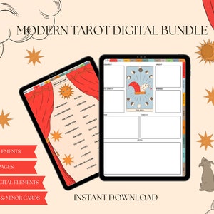 May include: A digital download bundle of printable tarot cards. The image shows a tablet screen displaying a tarot card with a jester design and a second tablet screen displaying a list of major arcana cards. The text on the image reads "MODERN TAROT DIGITAL BUNDLE", "250+ ELEMENTS", "600+ PAGES", "300 DIGITAL ELEMENTS", "MAJOR & MINOR CARDS", "INSTANT DOWNLOAD".
