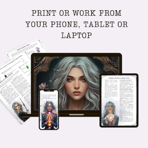 Puede incluir: Una ilustraci&oacute;n digital de una mujer con cabello largo y blanco. La imagen se muestra en la pantalla de una computadora port&aacute;til. El texto "Imprime o trabaja desde tu tel&eacute;fono, tableta o computadora port&aacute;til" se muestra encima de la imagen.