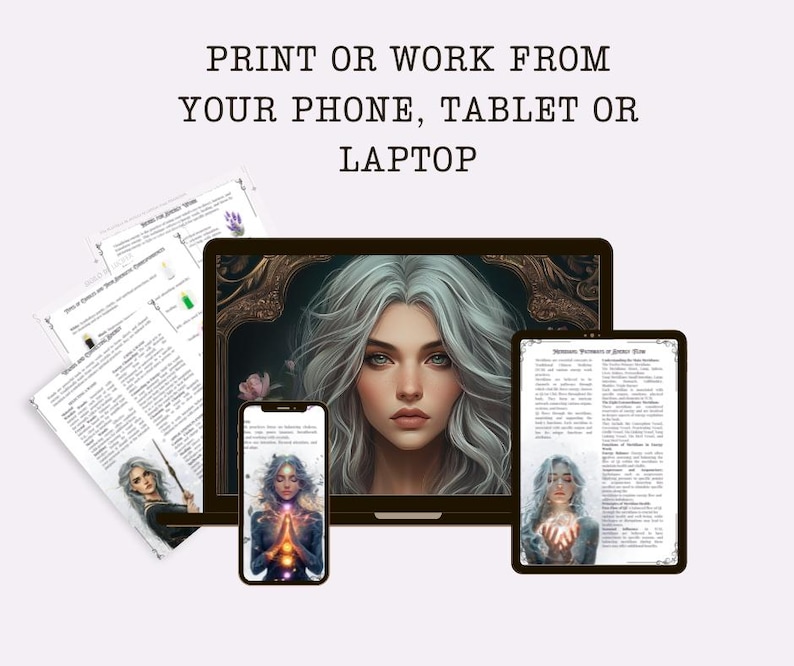 Puede incluir: Una ilustraci&oacute;n digital de una mujer con cabello largo y blanco. La imagen se muestra en la pantalla de una computadora port&aacute;til. El texto "Imprime o trabaja desde tu tel&eacute;fono, tableta o computadora port&aacute;til" se muestra encima de la imagen.