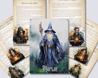 Puede incluir: Un collage de ilustraciones de acuarela que representan a Merlín, un mago legendario, con texto sobre sus orígenes y su relación con el rey Arturo. Las ilustraciones muestran a Merlín en diferentes poses, con un bastón y una barba, y una túnica azul.