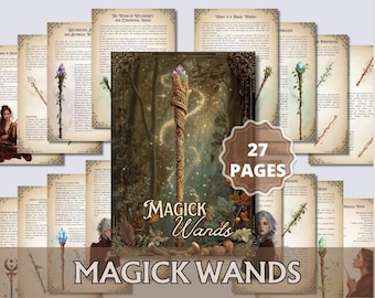 Könnte beinhalten: Eine Sammlung von Fantasy-Seiten mit dem Titel "Magick Wands". Das zentrale Bild zeigt einen detaillierten Zauberstab mit einem Kristallaufsatz. Umgebende Seiten zeigen Text und Illustrationen von Zauberstäben. Der Text "27 Pages" ist enthalten.