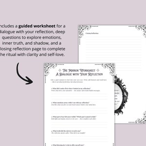 May include: Two white worksheets with black decorative borders. One sheet is titled "Closing Reflection" and the other is titled "The Mirror Worksheet: A Dialogue With Your Reflection". The worksheets include prompts to explore emotions and inner truth.