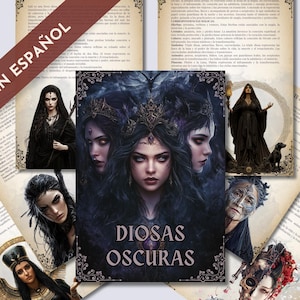Könnte beinhalten: Eine Collage aus Bildern, die dunkelhaarige Frauen mit dramatischem Make-up und Kleidung zeigen. Der Text "Diosas Oscuras" ist in der Mitte der Collage zu sehen. Die Bilder sind vor dem Hintergrund alter, abgenutzter Seiten mit Text in Spanisch angeordnet.