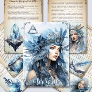 May include: A digital illustration of an Air Witch with blue and white feathers, a headdress with feathers, and a blue and white background. The text "Air Witch" is written in a blue and white font. The image is surrounded by pages of a book with text about Air Witch rituals and celebrations.