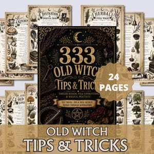 Könnte beinhalten: Eine Sammlung von Vintage-Prints und ein Buch mit dem Titel "333 Old Witch Tips & Tricks". Das Buchcover zeigt einen Mond, Sterne und botanische Illustrationen. Die Drucke enthalten Text und Illustrationen zum Thema Hexerei und Kräuterkunde.