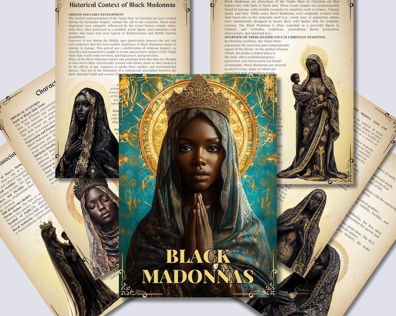 Pode incluir: Uma colagem de imagens com Madonas Negras, um &iacute;cone religioso que retrata a Virgem Maria com pele escura. As imagens est&atilde;o sobre um fundo dourado e turquesa, com texto que diz "Black Madonnas".