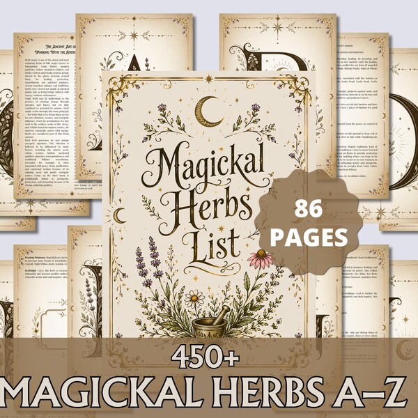 Magickal Herbs List Printable Grimoire Pages | Herbal Witchcraft Book of Shadows PDF | Green Witch Herbs