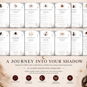 K&ouml;nnte beinhalten: Eine Sammlung von 14 gef&uuml;hrten Reflexions&uuml;bungsbl&auml;ttern mit dem Titel A Journey Into Your Shadow. Jede wei&szlig;e Seite enth&auml;lt schwarzen Text, linierte Schreibbereiche und einzigartige Illustrationen wie einen Raben, einen Granatapfel und einen Spiegel, mit einer Kerze.