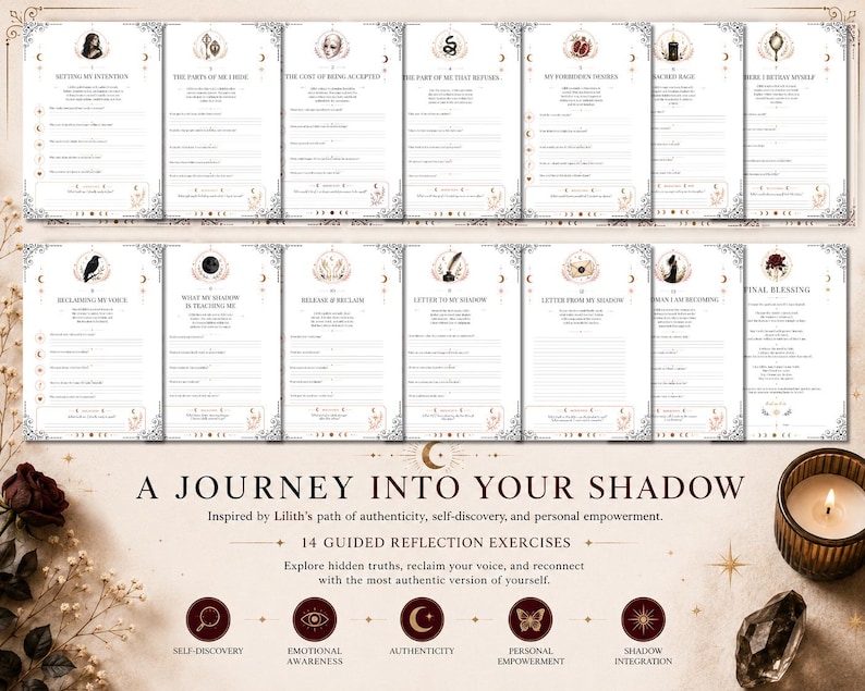 K&ouml;nnte beinhalten: Eine Sammlung von 14 gef&uuml;hrten Reflexions&uuml;bungsbl&auml;ttern mit dem Titel A Journey Into Your Shadow. Jede wei&szlig;e Seite enth&auml;lt schwarzen Text, linierte Schreibbereiche und einzigartige Illustrationen wie einen Raben, einen Granatapfel und einen Spiegel, mit einer Kerze.