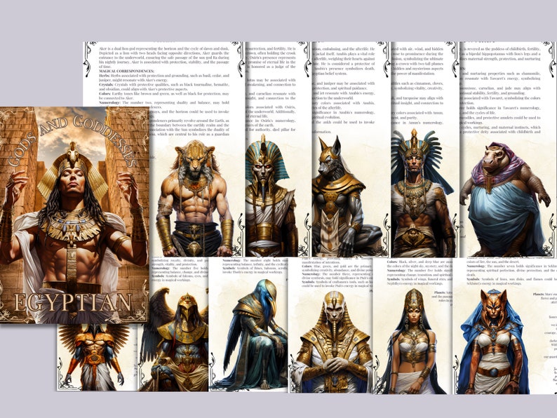 May include: A colorful illustration of Egyptian gods and goddesses. The image features a variety of deities, including Anubis, Bastet, Horus, Isis, Osiris, Ra, and Thoth. Each god and goddess is depicted with their unique attributes and symbols. The image is a great resource for anyone interested in learning about Egyptian mythology.