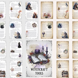May include: A set of 18 printable cards with watercolor illustrations and text describing various tools used in witchcraft. The cards feature images of cauldrons, crystals, wands, books, and other tools. The text on the cards describes the purpose and history of each tool. The cards are titled "Witchcraft Tools".