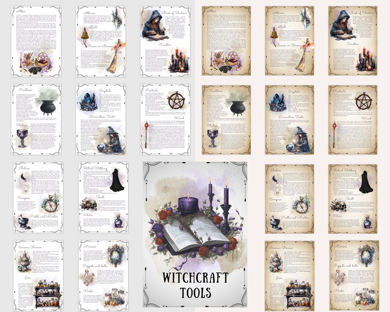May include: A set of 18 printable cards with watercolor illustrations and text describing various tools used in witchcraft. The cards feature images of cauldrons, crystals, wands, books, and other tools. The text on the cards describes the purpose and history of each tool. The cards are titled "Witchcraft Tools".