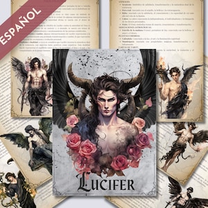 Könnte beinhalten: Eine digitale Illustration von Luzifer, einem gefallenen Engel, mit schwarzen Flügeln und Hörnern. Er ist umgeben von roten Rosen und der Text "LUCIFER" ist in großen, fetten Buchstaben geschrieben.