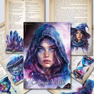 Puede incluir: Una ilustración de acuarela de una bruja cósmica con un fondo estrellado. La bruja lleva una capa con capucha morada y azul con un patrón estrellado. El texto "Cosmic Witch" está escrito en una fuente estilizada debajo de la bruja.