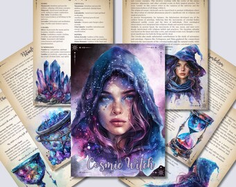 May include: A watercolor illustration of a cosmic witch with a starry background. The witch is wearing a purple and blue hooded cloak with a starry pattern. The text "Cosmic Witch" is written in a stylized font below the witch.