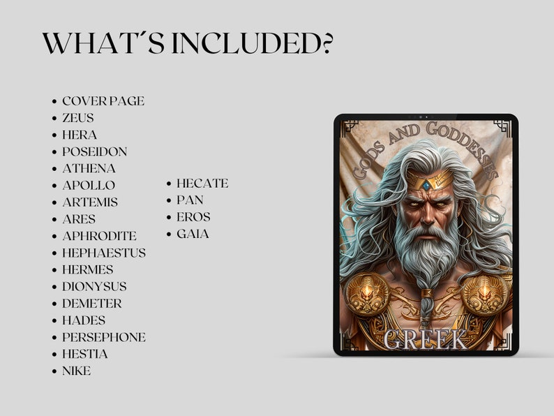 May include: A digital illustration of Zeus, a Greek god, on a tablet screen. The tablet displays the text "GODS AND GODDESSES" and "GREEK". The image also includes a list of Greek gods and goddesses.