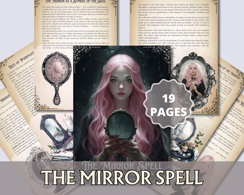 May include: A digital art print titled "The Mirror Spell" featuring a woman with pink hair holding a mirror. The image includes several pages of text and decorative mirrors. The text on the image reads "19 pages".