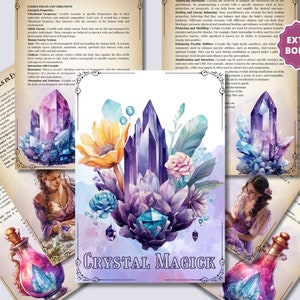 Puede incluir: Una ilustración de acuarela de cristales morados, azules y transparentes con un girasol y flores rosas. El texto "CRYSTAL MAGICK" está escrito en una pancarta morada en la parte inferior de la imagen.