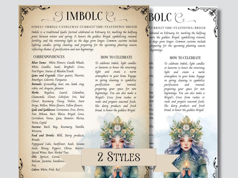 May include: A printable guide to the Celtic holiday of Imbolc, also known as Candlemas or St. Brigid's Day. The guide includes information about the history of the holiday, its symbolism, and how to celebrate it. The guide features a watercolour illustration of a woman with a crown of flowers and a candle.