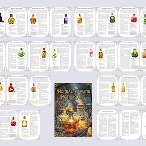 Op de afbeelding: Een verzameling ge&iuml;llustreerde pagina's met recepten voor kruiden genezingsdranken. Elke pagina toont een ander drankje in een glazen fles, met gedetailleerde instructies en ingredi&euml;nten. De centrale afbeelding toont de titel "Herbal Healing Potions Recipes".