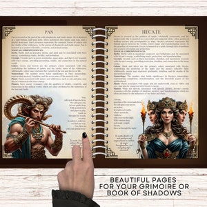 May include: An open book with spiral binding, featuring illustrations and text about Pan and Hecate. The text reads "Beautiful pages for your grimoire or book of shadows". The pages are brown with decorative borders.