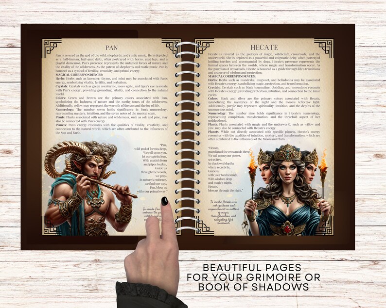 May include: An open book with spiral binding, featuring illustrations and text about Pan and Hecate. The text reads "Beautiful pages for your grimoire or book of shadows". The pages are brown with decorative borders.