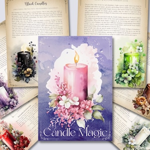 May include: Candle Magic: A guide to candle magic with illustrations of different coloured candles and their meanings. Black candles for protection, green candles for success, pink candles for love, brown candles for home and family, purple candles for spiritual growth, and red candles for passion.