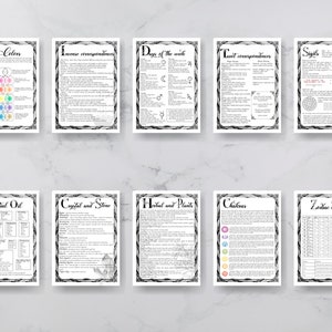 Peut inclure: Un ensemble de 10 pages imprimables en noir et blanc avec des informations sur divers sujets li&eacute;s &agrave; la sorcellerie, notamment les huiles essentielles, les cristaux, les herbes, les chakras, les signes du zodiaque, etc.