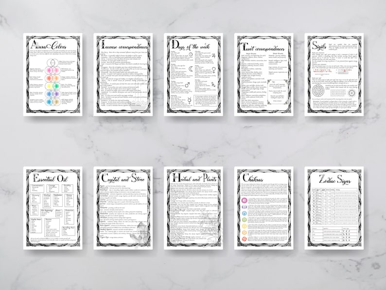 Peut inclure: Un ensemble de 10 pages imprimables en noir et blanc avec des informations sur divers sujets li&eacute;s &agrave; la sorcellerie, notamment les huiles essentielles, les cristaux, les herbes, les chakras, les signes du zodiaque, etc.