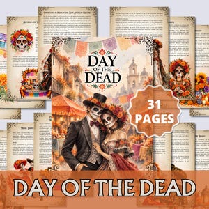 May include: A 31-page Day of the Dead informational booklet set featuring illustrations of figures with skull face paint, marigold flowers, and festive banners. The pages contain printed text detailing cultural traditions, symbols, and history.