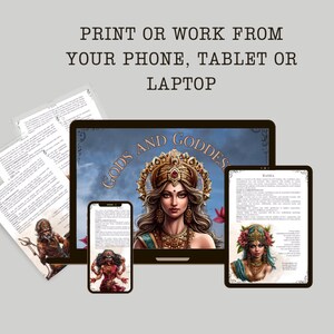 May include: Digital illustration of Hindu deities, including Radha, with text about their mythology. The image shows a laptop, tablet, and phone, suggesting the illustrations are available in digital format.