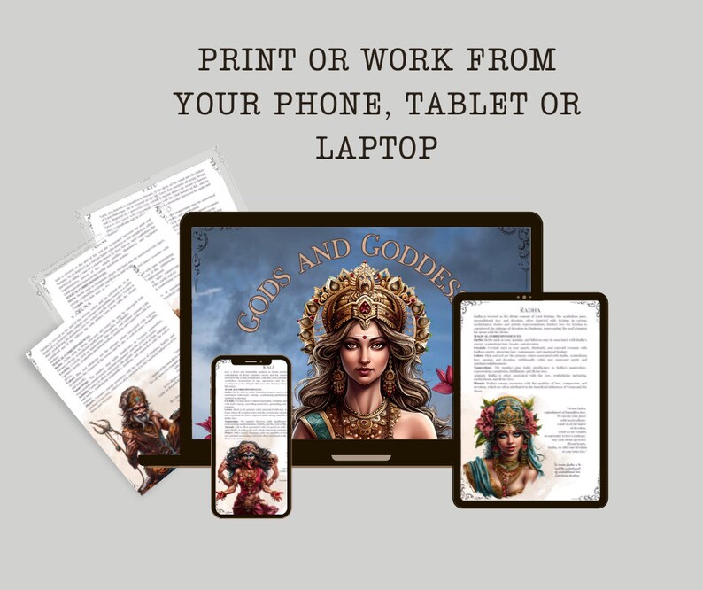 May include: Digital illustration of Hindu deities, including Radha, with text about their mythology. The image shows a laptop, tablet, and phone, suggesting the illustrations are available in digital format.