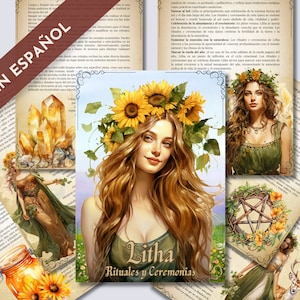 Könnte beinhalten: Ein Buch mit einer Sonnenblumenillustration auf dem Cover. Der Titel des Buches lautet "Litha: Rituels und Zeremonien". Das Buch ist auf einer Seite mit Text in Spanisch geöffnet.