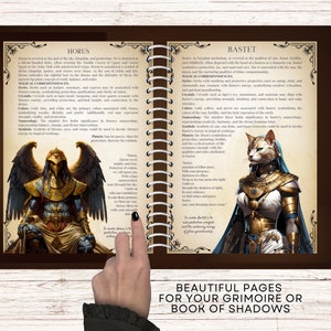 May include: Two pages from a book with illustrations of the Egyptian gods Horus and Bastet. Horus is depicted as a falcon-headed man with a golden crown and armor. Bastet is depicted as a woman with a cat head, wearing a blue and gold dress and armor. The text on the pages describes the magical correspondences of each god.