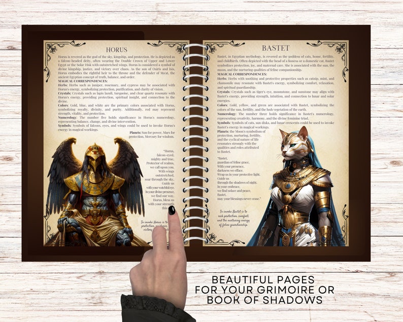 May include: Two pages from a book with illustrations of the Egyptian gods Horus and Bastet. Horus is depicted as a falcon-headed man with a golden crown and armor. Bastet is depicted as a woman with a cat head, wearing a blue and gold dress and armor. The text on the pages describes the magical correspondences of each god.