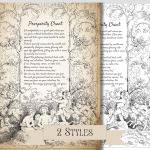 Op de afbeelding: Een zwart-witte illustratie van een welvaartschant met een decoratieve rand van wijnstokken en bloemen. De chant is geschreven in een vintage lettertype en bevat instructies over hoe de chant uit te voeren. De illustratie toont een groep mensen die in een bosrijke omgeving zitten.