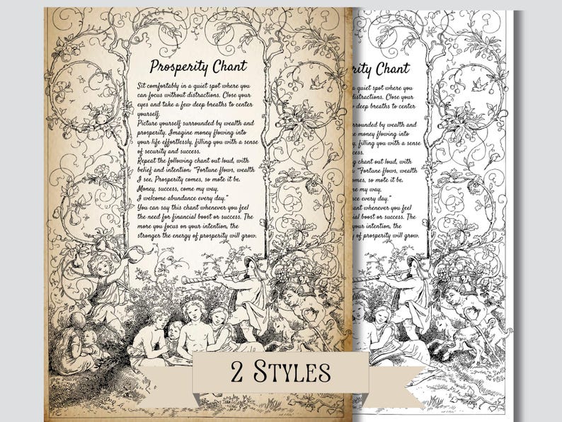 Op de afbeelding: Een zwart-witte illustratie van een welvaartschant met een decoratieve rand van wijnstokken en bloemen. De chant is geschreven in een vintage lettertype en bevat instructies over hoe de chant uit te voeren. De illustratie toont een groep mensen die in een bosrijke omgeving zitten.